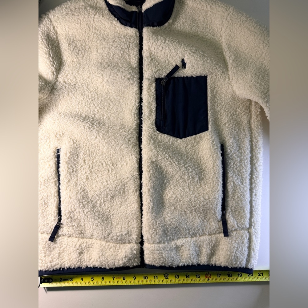 Ralph Lauren Men's Cream and Navy Pile Fleece Hybrid Jacket - Picture 10 of 13